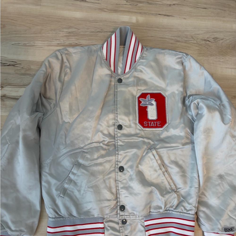 Silver Satin Varsity Bomber Jacket with Red Patch Ohio State buckeyes